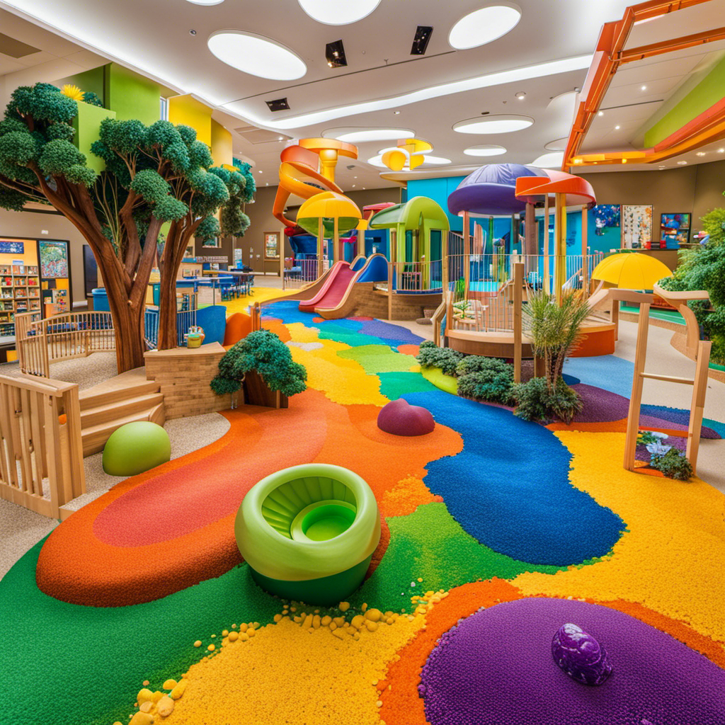 An image showcasing a vibrant, multi-textured play area with children joyfully exploring a variety of tactile materials like slime, sand, and water