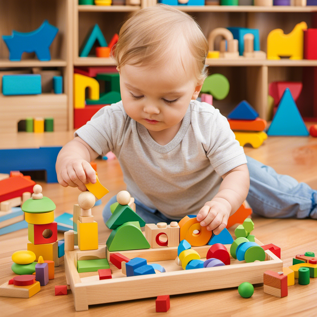 An image showcasing a delightful scene of a toddler engrossed in playing with a colorful wooden puzzle, surrounded by various educational toys such as building blocks, shape sorters, and a mini abacus