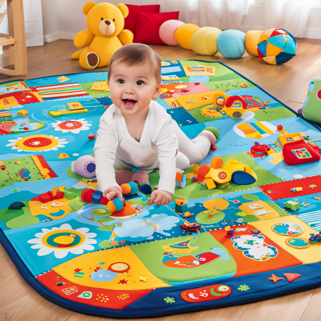 An image showcasing a colorful playmat adorned with various interactive elements such as rattles, mirrors, and soft toys, stimulating infants' senses and promoting cognitive development