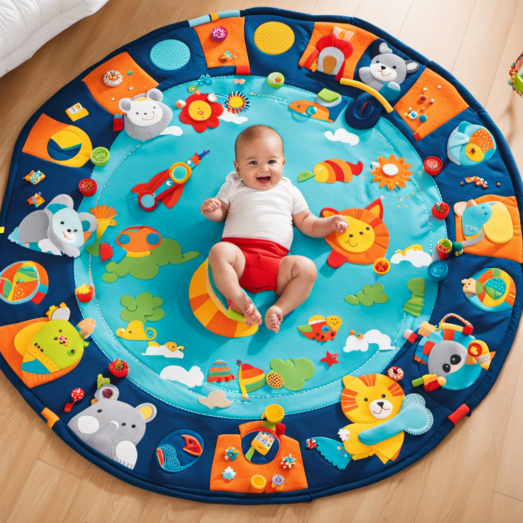 An image showcasing a colorful playmat laid out on the floor, adorned with various interactive toys like rattles, soft plush animals, textured balls, and a vibrant mobile hanging above, stimulating a baby's senses and encouraging early development