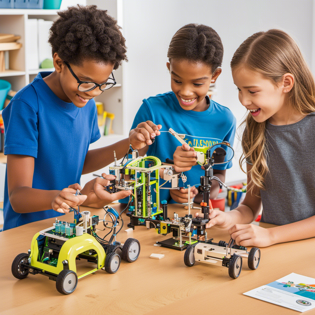 An image showcasing a diverse group of children, enthusiastically engaged in various STEM activities with DIY kits