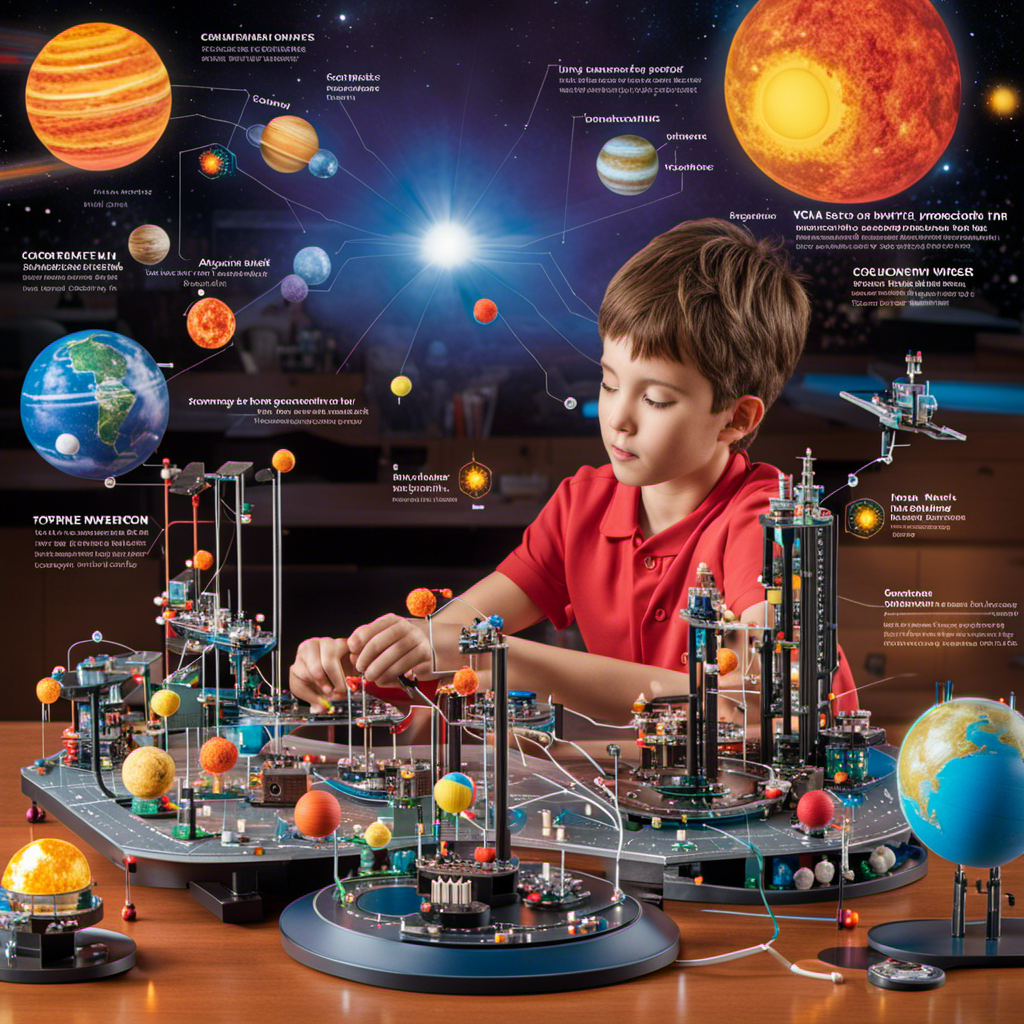 An image showcasing a young scientist engrossed in assembling a vibrant, intricate model of a solar system, surrounded by a variety of captivating DIY STEM kits, brimming with wires, circuits, gears, and colorful components
