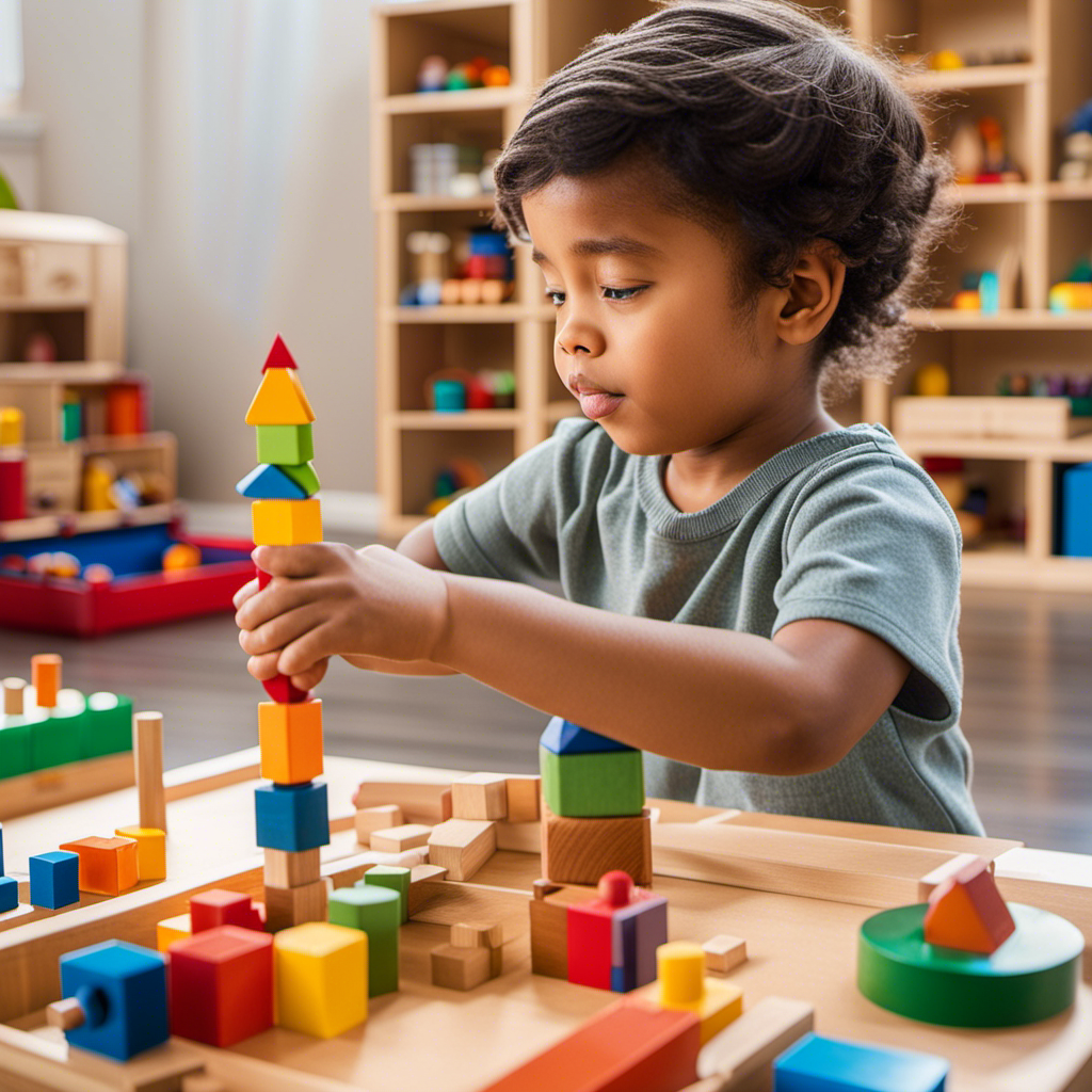An image showcasing a curious four-year-old explorer engrossed in a Montessori toy, surrounded by an array of colorful, open-ended materials like building blocks, puzzles, and sensory objects