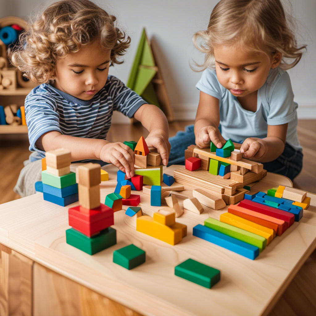 An image showcasing a curious four-year-old explorer engrossed in a Montessori toy, surrounded by an array of colorful, open-ended materials like building blocks, puzzles, and sensory objects