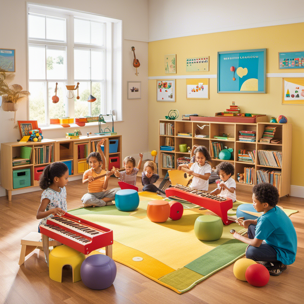 An image depicting a vibrant Montessori music classroom, filled with children joyfully playing various instruments, engaging in group activities, and exploring a wide range of musical genres and techniques