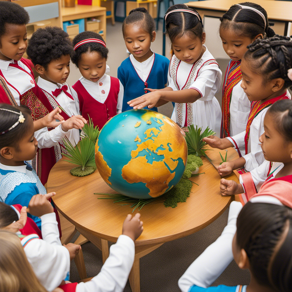 An image showcasing a group of diverse children engaged in hands-on Montessori cultural activities, such as globe exploration, flag identification, and traditional dress-up, fostering global awareness and cultural appreciation