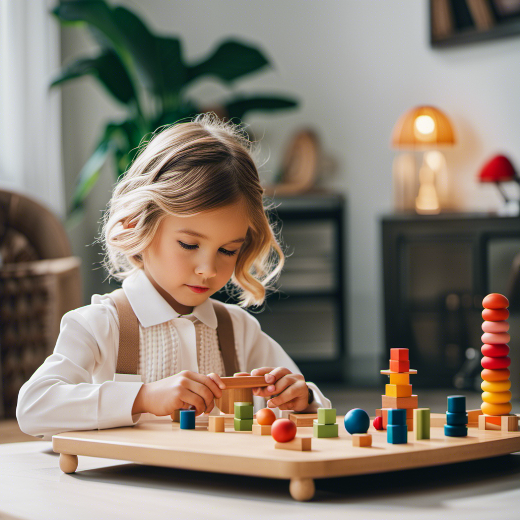 An image featuring a chic six-year-old, elegantly dressed in a stylish outfit, confidently engaging with Montessori toys that exude sophistication