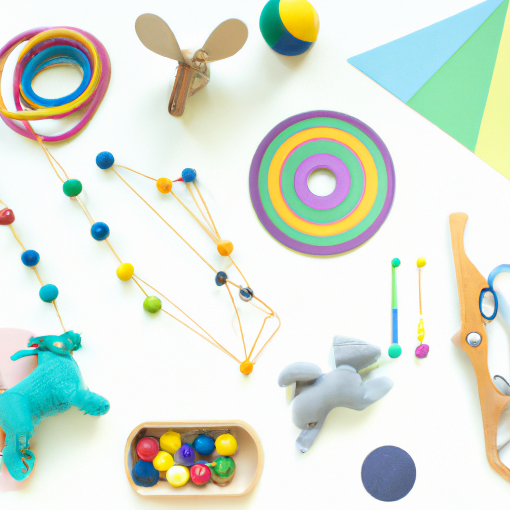 An image showcasing a colorful, visually appealing flat lay of Montessori toys arranged by age group