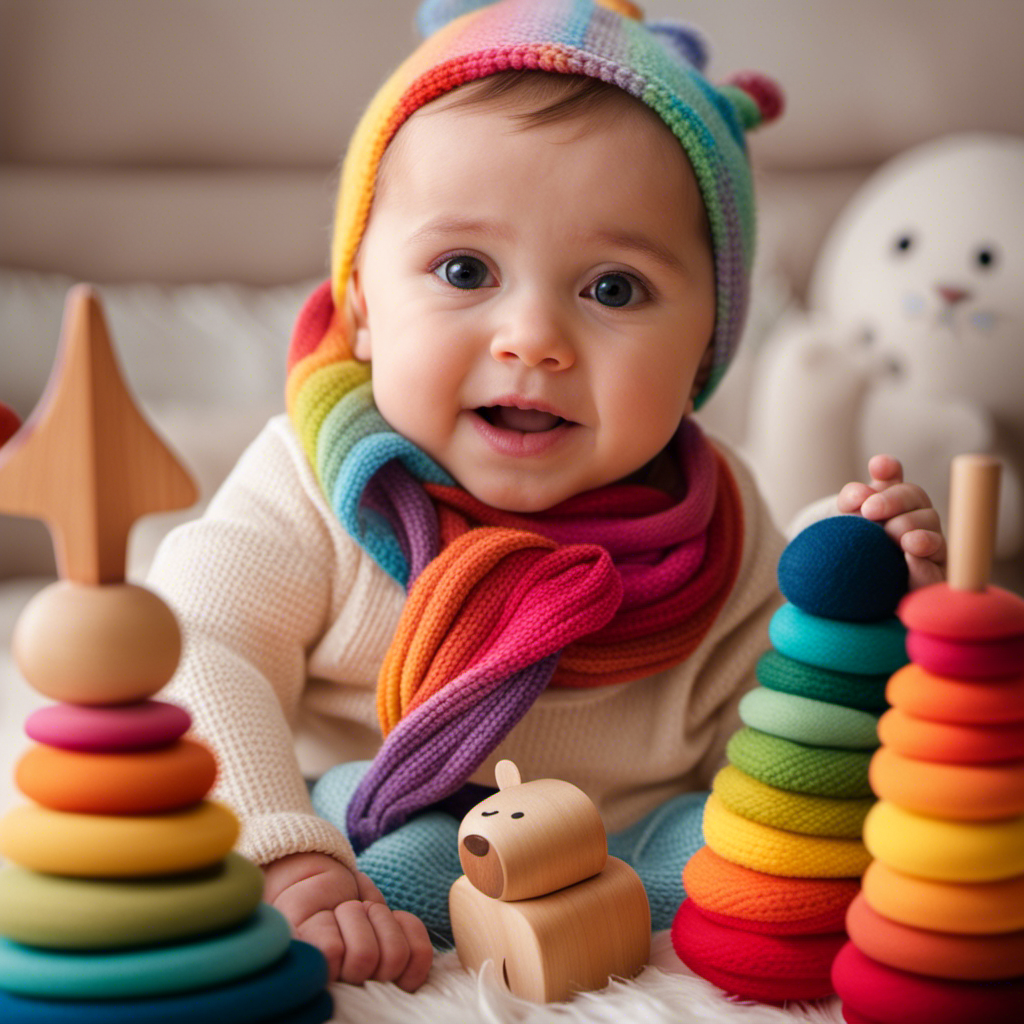 An image showcasing a joyful one-year-old surrounded by a whimsical collection of Waldorf toys: a wooden rainbow stacker, a soft woolen doll, a handcrafted wooden teether, and a vibrant silk play scarf
