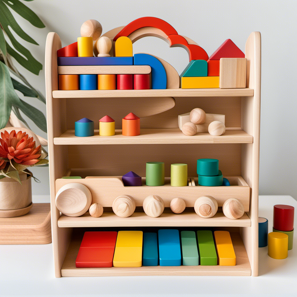An image showcasing a beautifully arranged wooden shelf filled with Montessori toys, including a stack of colorful wooden blocks, a sorting tray with various shapes, a mini xylophone, and a set of nesting cups