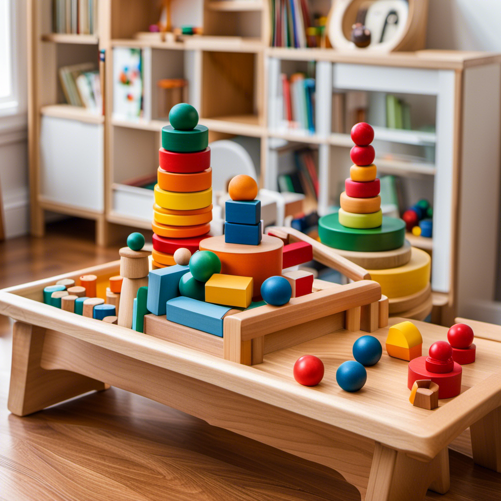 An image showcasing a beautifully arranged wooden shelf filled with Montessori toys, including a stack of colorful wooden blocks, a sorting tray with various shapes, a mini xylophone, and a set of nesting cups