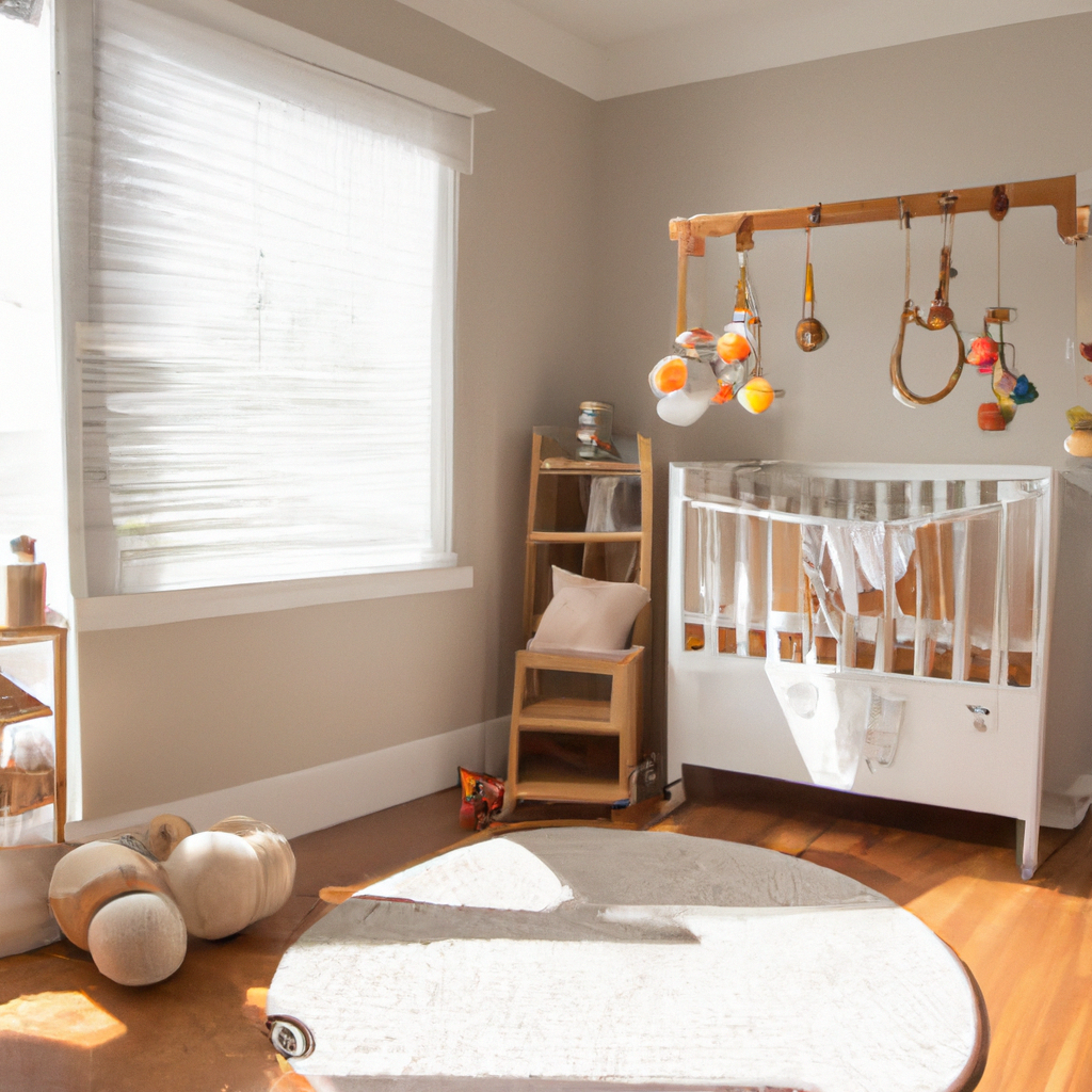 An image showcasing a cozy nursery filled with a wooden mobile gently rotating above a crib, a soft, natural-fiber rug on the floor, and a small shelf displaying a set of tactile, Montessori-inspired newborn toys