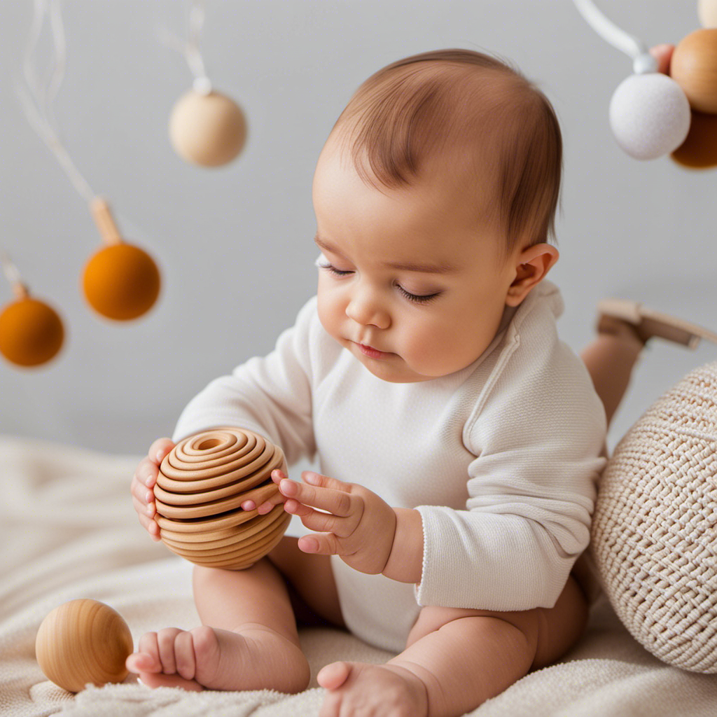 An image showcasing a baby's tiny hands gently grasping a smooth wooden rattle, alongside a soft, sensory fabric ball