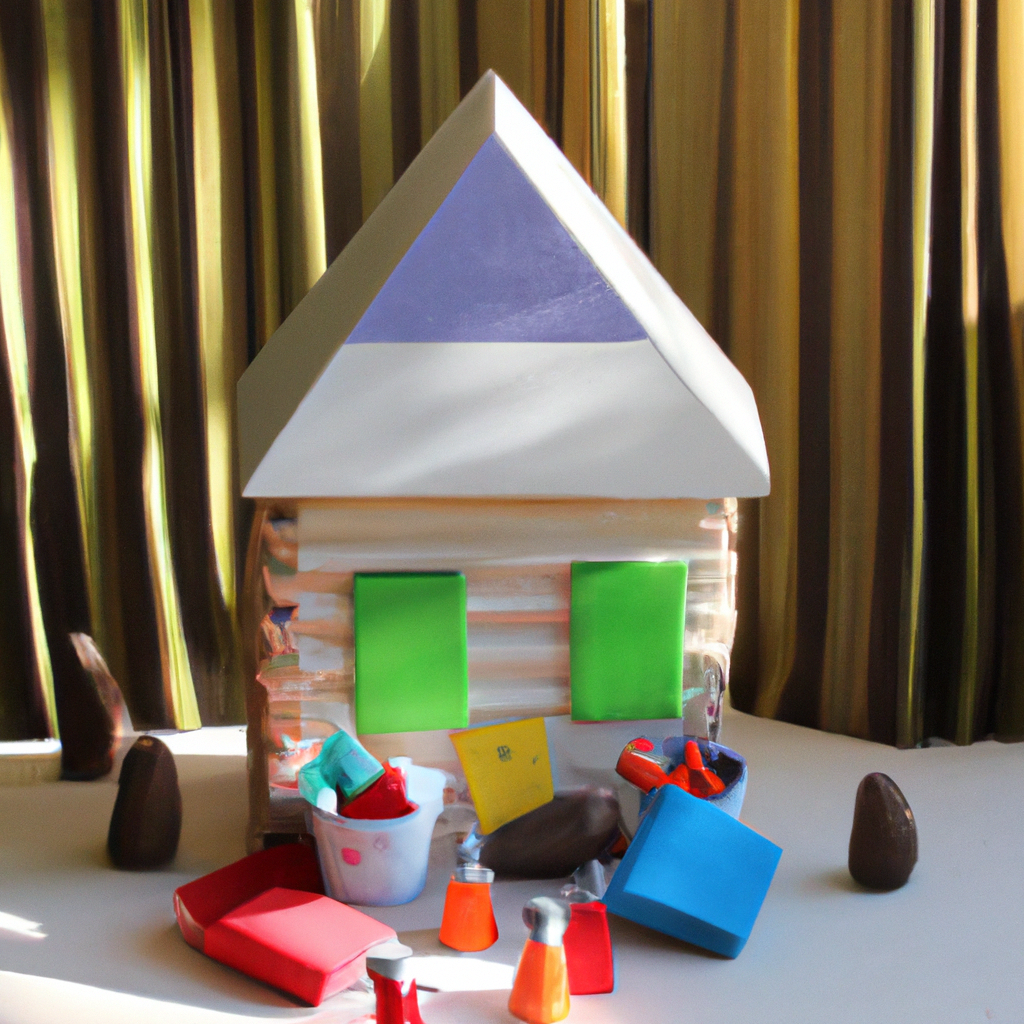 An image featuring a cozy, sun-drenched corner filled with handmade wooden toys: a whimsical, hand-painted treehouse, a stack of colorful felt gnomes, and a basket overflowing with smooth wooden blocks