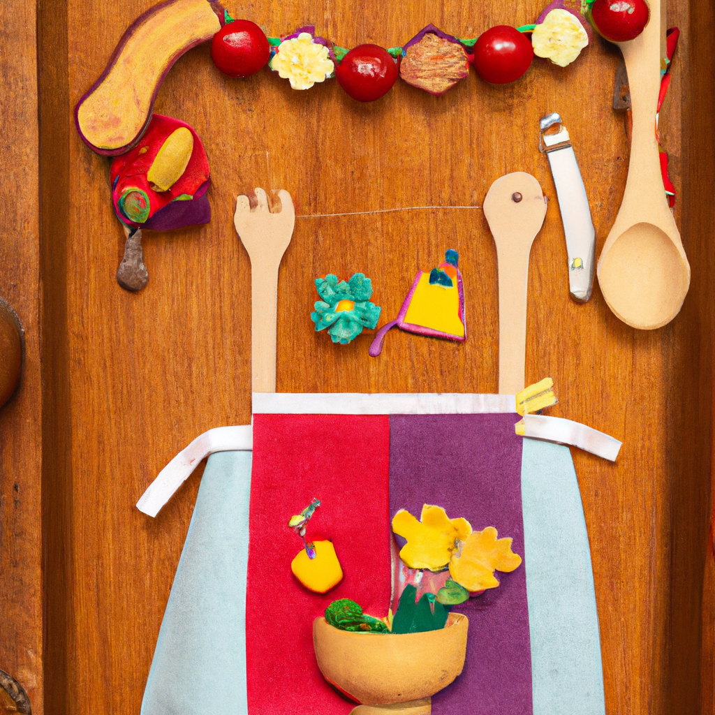 An image featuring an enchanting wooden play kitchen with hand-carved details, adorned with delicate felt vegetables and utensils