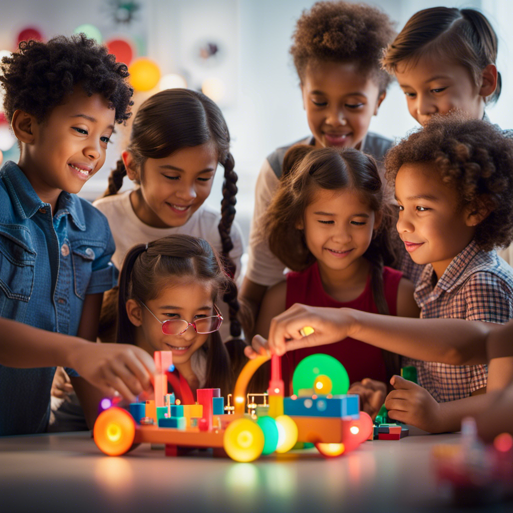 An image of a group of children gathered around a vibrant, interactive STEM toy set, their faces filled with awe and excitement