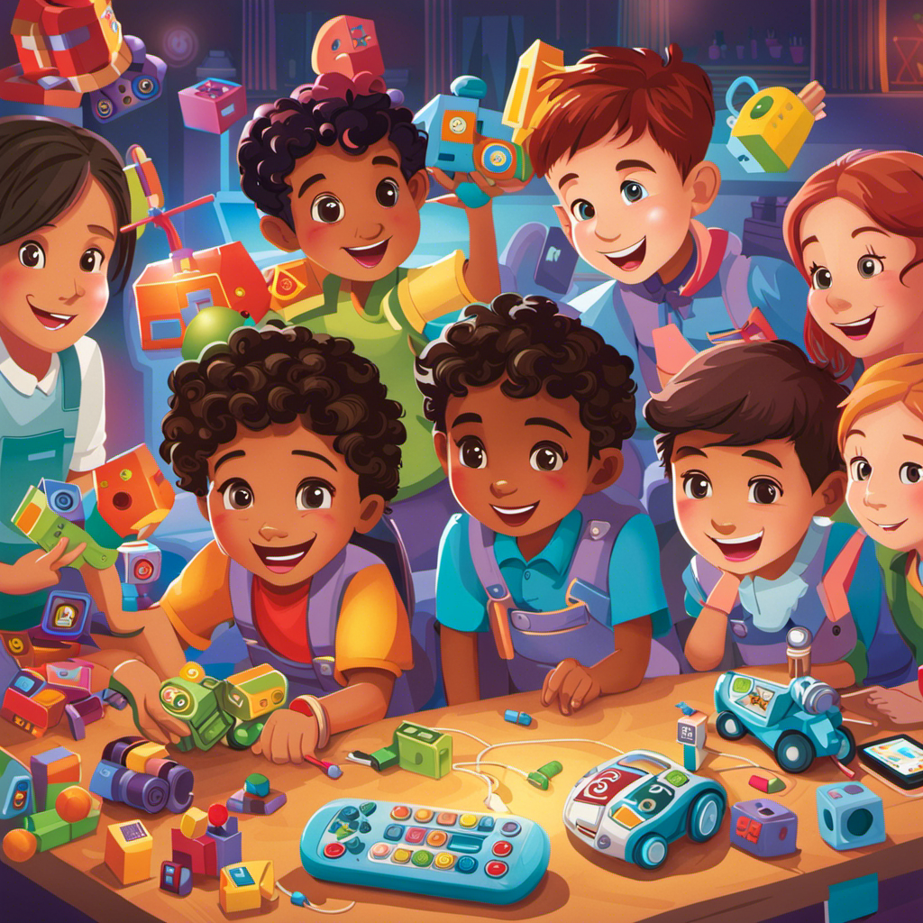 An image showcasing a group of young children huddled around a colorful collection of coding toys, their faces filled with curiosity and excitement as they collaborate, experiment, and unlock a world of creative possibilities