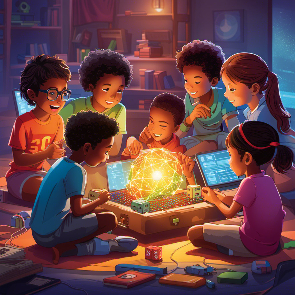 An image showcasing a group of children huddled together, engrossed in their coding toys, their faces lit up with excitement and determination, as they explore the world of programming and unlock their limitless potential for future success