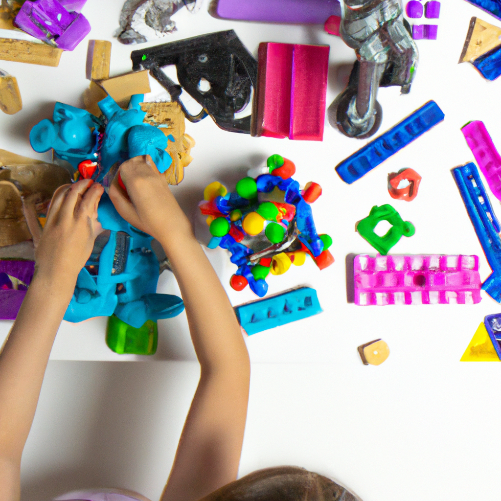 An image featuring a bright, colorful playroom filled with an assortment of engaging STEM toys, such as building blocks, puzzles, a microscope, and a small robotic kit, all surrounded by a curious four-year-old exploring and learning