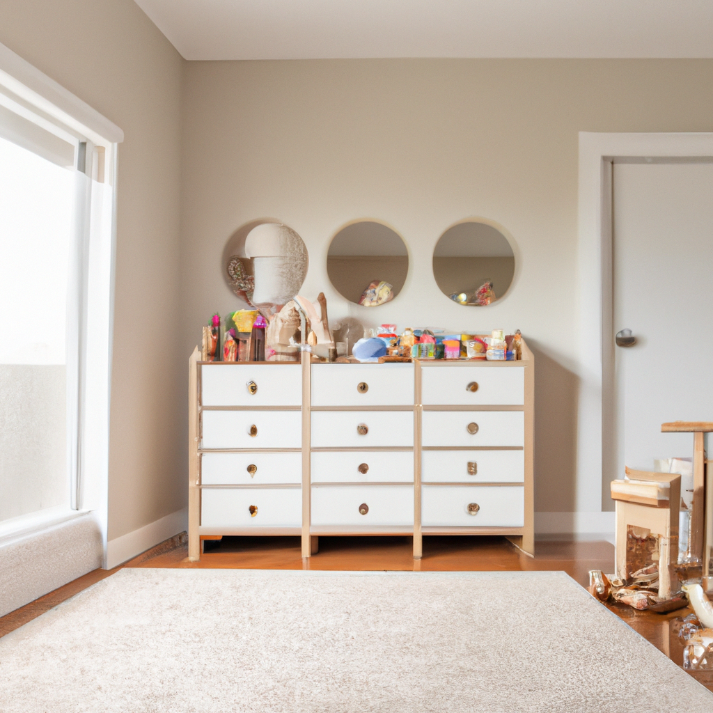 An image showcasing a serene Montessori-inspired nursery with low shelves displaying carefully arranged wooden toys, a soft rug for tummy time, and a mirror on the wall to encourage self-discovery
