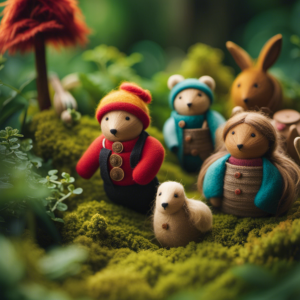 An image showcasing the enchanting world of German Waldorf toys, capturing the vibrant colors and textures of handmade dolls, wooden animals, and whimsical felted creatures, nestled against a backdrop of lush green forests and rolling hills