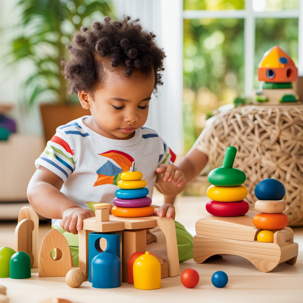 An image showcasing a cheerful two-year-old engrossed in imaginative play with Montessori toys, surrounded by vibrant, nature-inspired colors and textures that reflect their adventurous journey from walking to talking