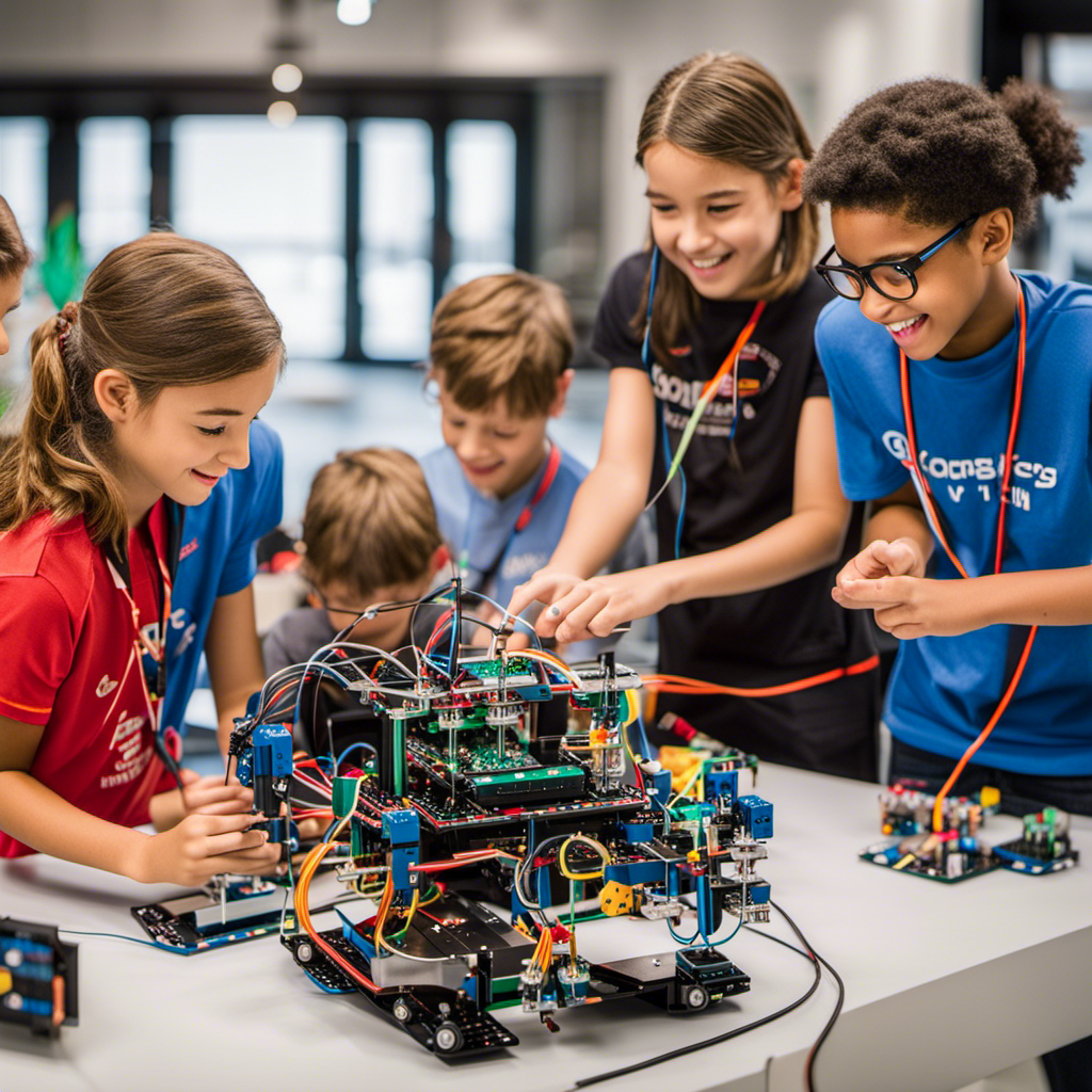 An image showcasing a group of children enthusiastically building and programing STEM robotics kits, their faces lit up with excitement as they collaborate and problem-solve together