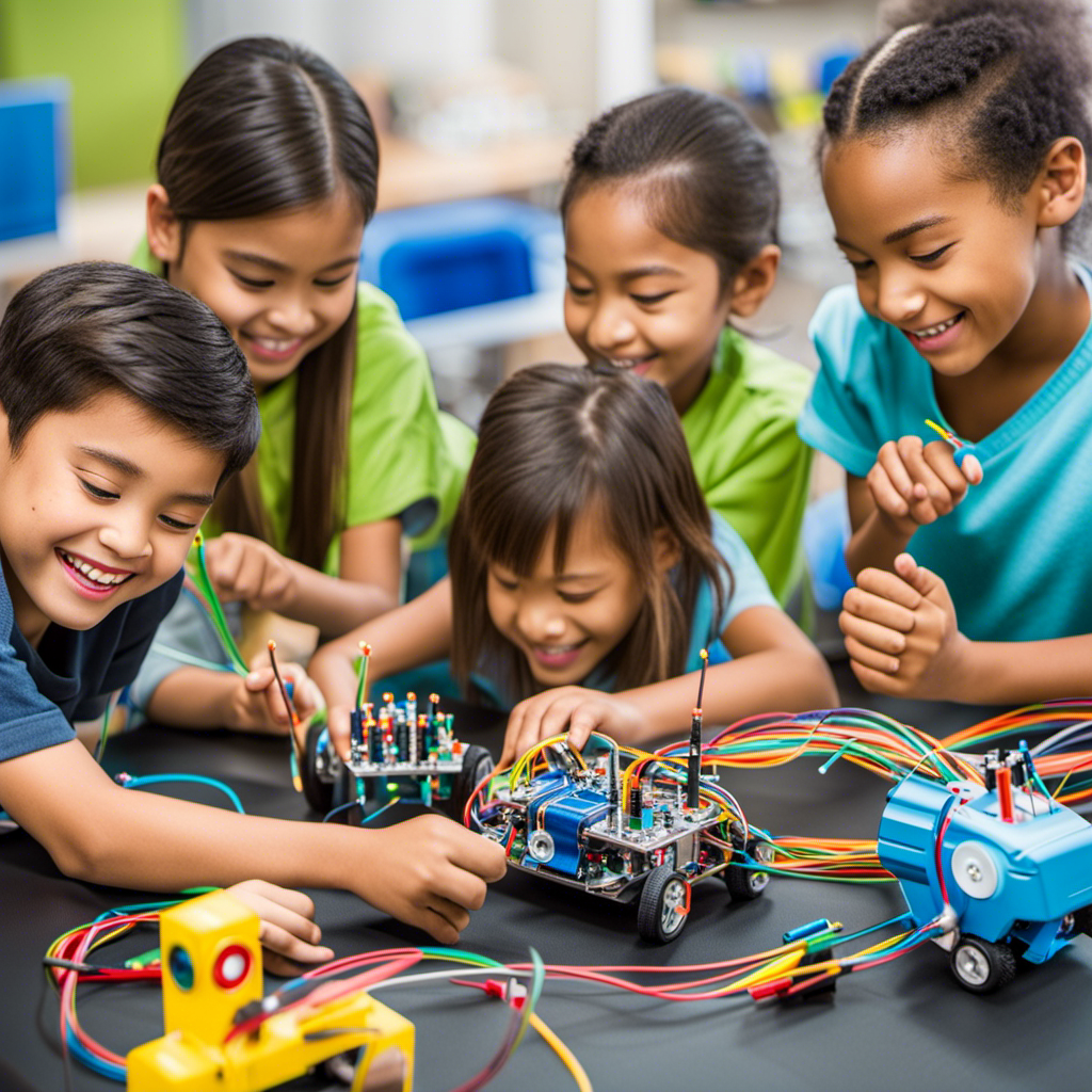 An image featuring a group of smiling children, eagerly engrossed in constructing a small robotic car using colorful wires, batteries, and a mini motor