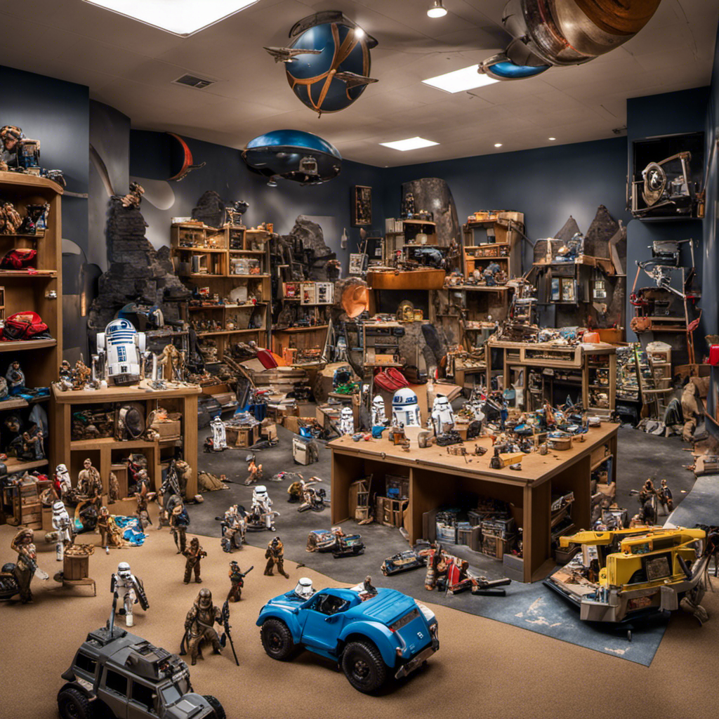 An image that showcases a cluttered playroom floor, strewn with Star Wars action figures, plush toys, and playsets