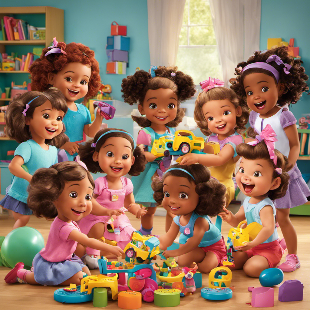 An image showcasing a group of preschool girls, their faces beaming with joy, as they play with an array of vibrant, interactive toys that perfectly capture their girlish glee