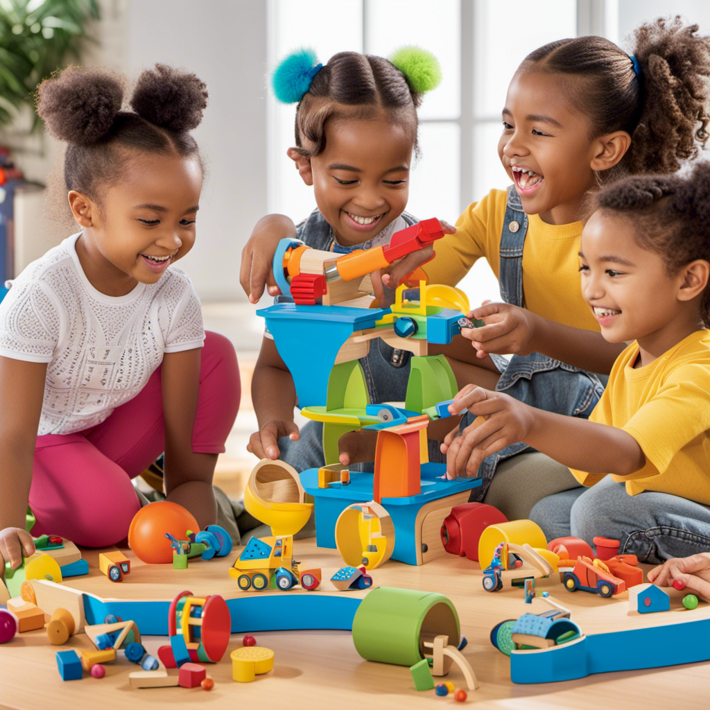 An image showcasing a diverse group of young children eagerly immersed in play, surrounded by colorful and engaging STEM toys