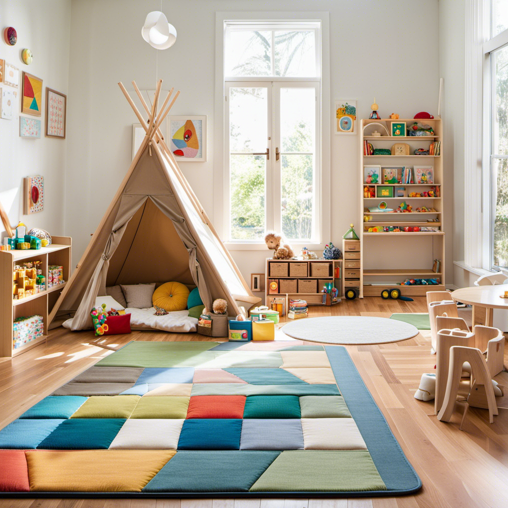 An image that showcases a peaceful Montessori-inspired environment for six-month-olds, with a cozy floor mat, low shelves displaying colorful toys, a mirror for self-discovery, and a mobile suspended above, evoking a sense of wonder and exploration