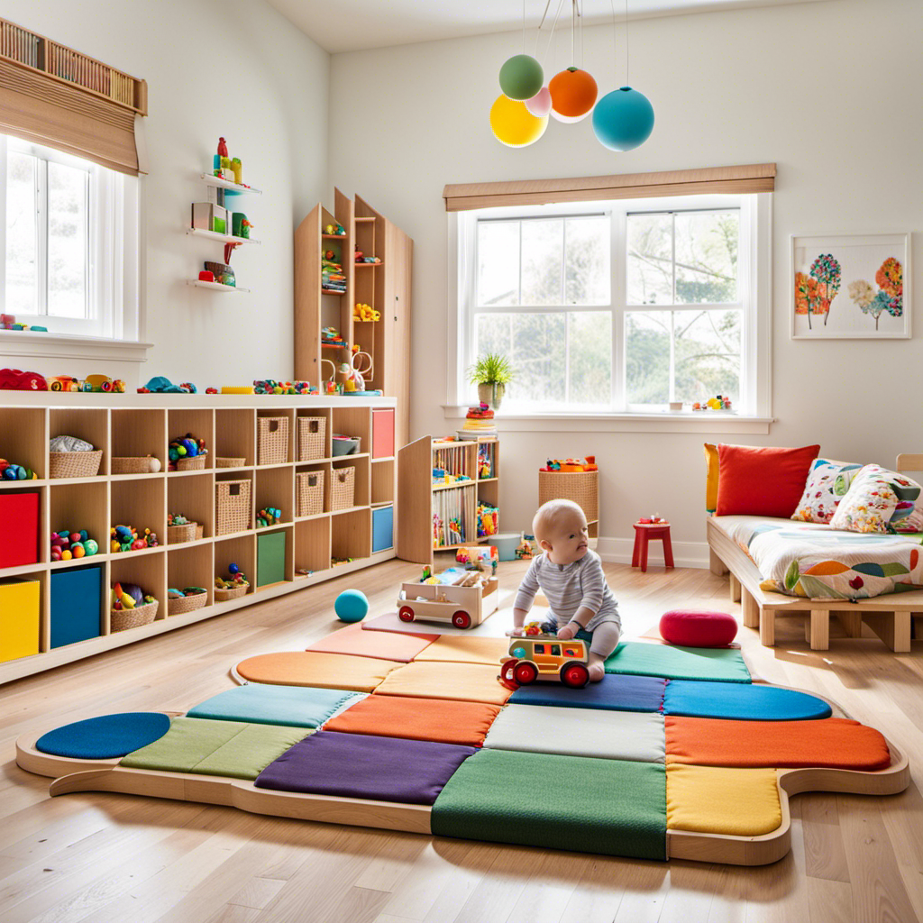 An image that showcases a peaceful Montessori-inspired environment for six-month-olds, with a cozy floor mat, low shelves displaying colorful toys, a mirror for self-discovery, and a mobile suspended above, evoking a sense of wonder and exploration