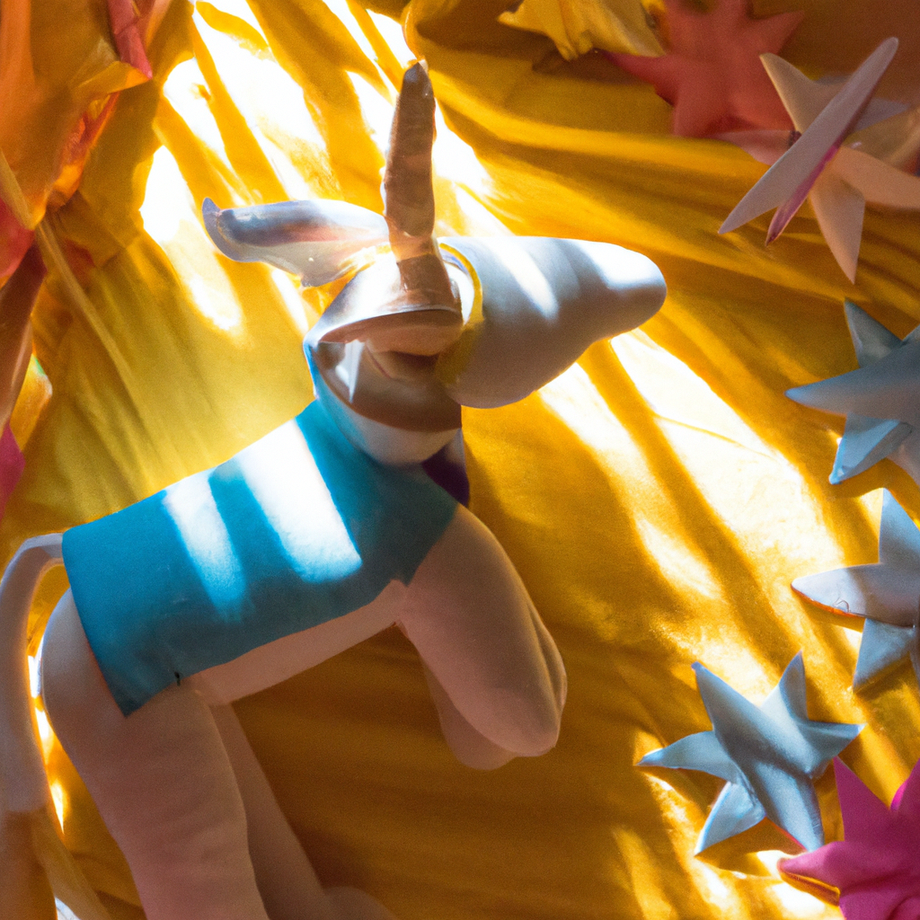 the enchantment of Waldorf toys as sunlight filters through a hand-carved wooden mobile, casting whimsical shadows on a meticulously stitched felt unicorn, surrounded by a kaleidoscope of vibrant, hand-dyed silk play cloths