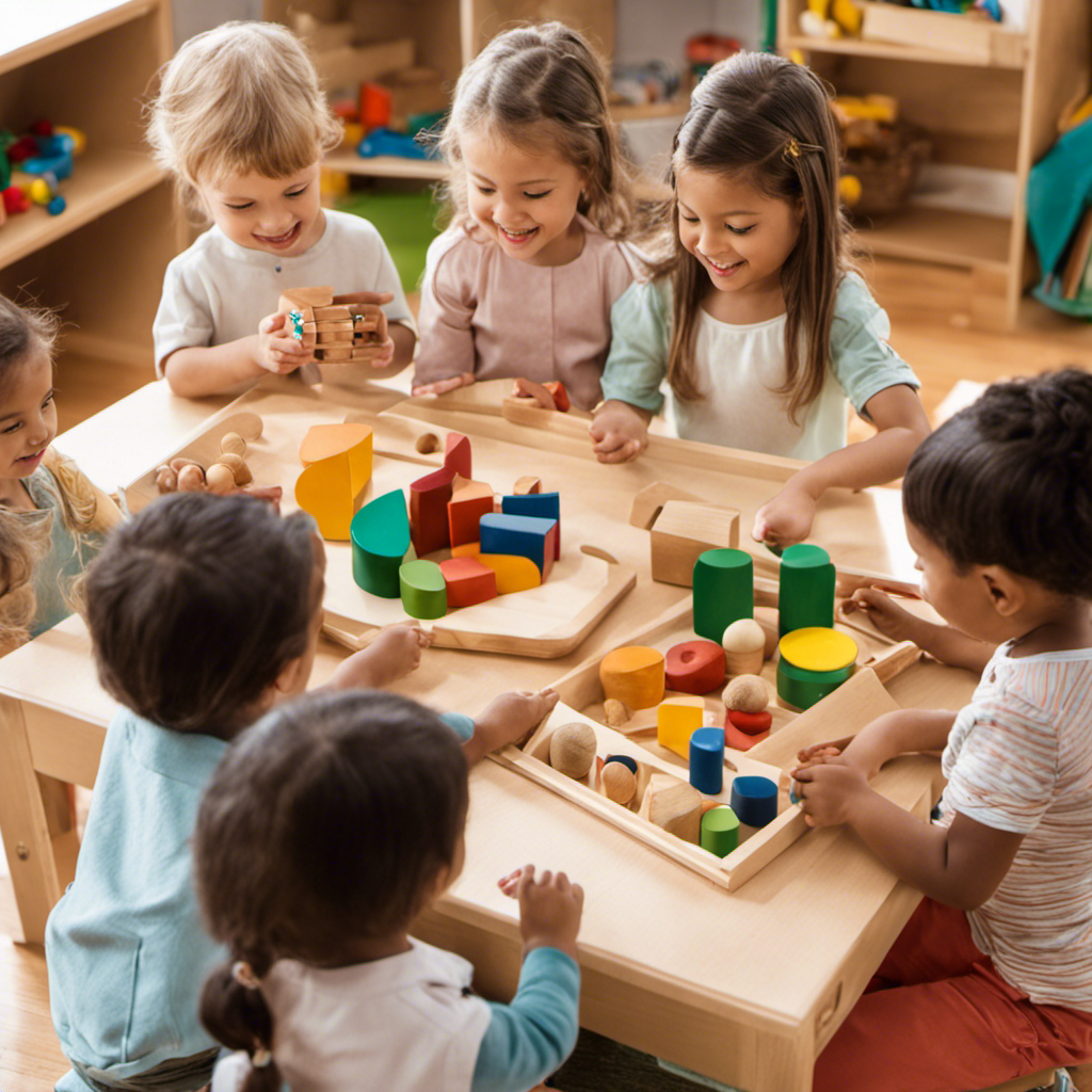 An image showcasing a diverse group of preschoolers joyfully engaged in hands-on activities with Montessori-inspired toys, as they explore the seamless harmony between their natural curiosity and the principles of Montessori education
