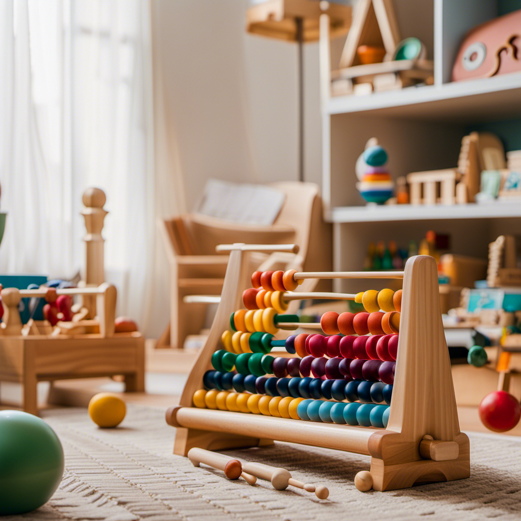 An image showcasing a colorful, clutter-free Montessori-inspired playroom filled with carefully arranged wooden musical toys, like xylophones, maracas, and drums, inviting the viewer into a world of harmony and artistic exploration
