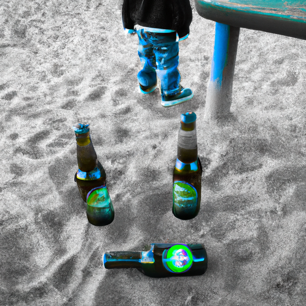 An image depicting a young child standing alone in a desolate playground, with empty beer bottles scattered around, showing the neglect and emotional turmoil caused by alcoholic parents