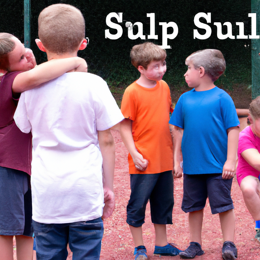 An image showcasing a young child with slumped shoulders, standing alone on a playground, while a group of children huddle together, whispering and pointing, emphasizing the isolating and detrimental effects of bullying on child development