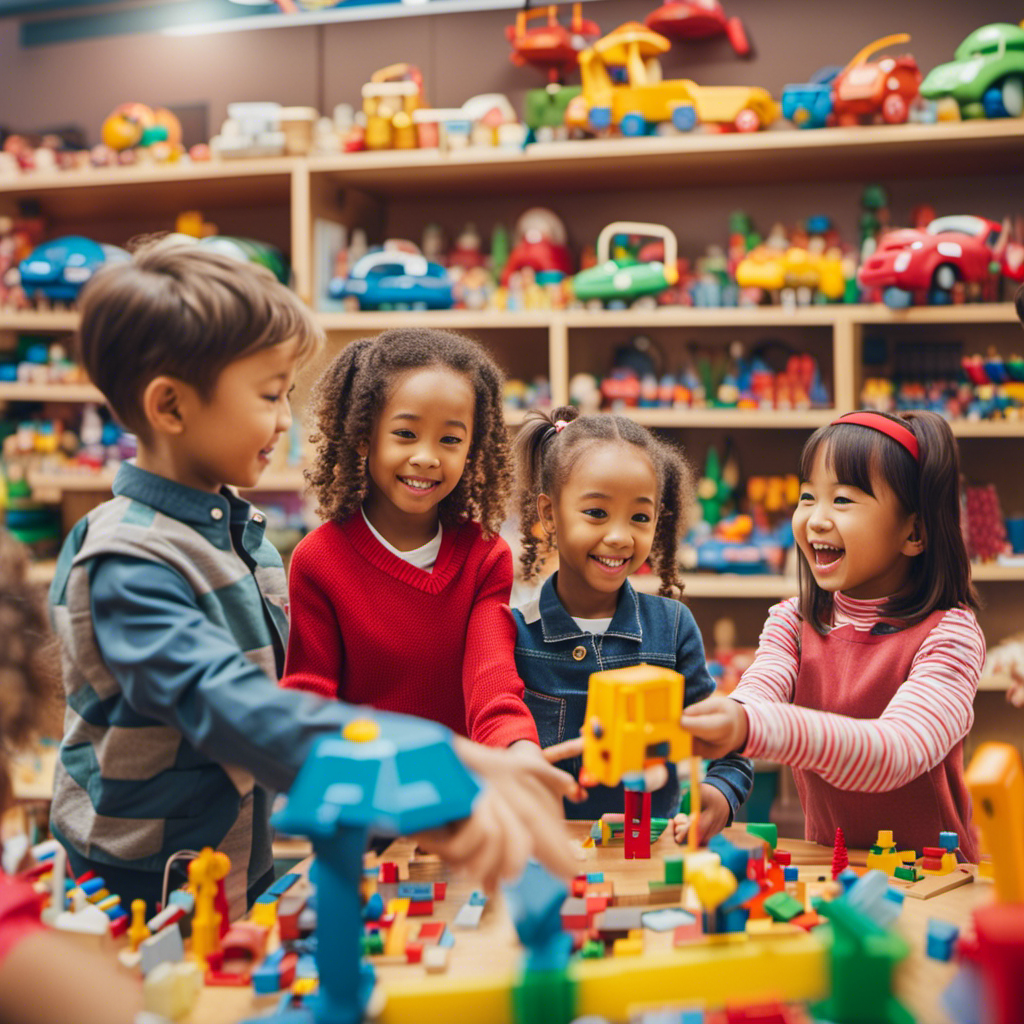 An image showcasing a diverse group of preschool children eagerly engaging with a variety of colorful and educational toys, as cheerful teachers carefully select and acquire new playthings in a bustling toy store