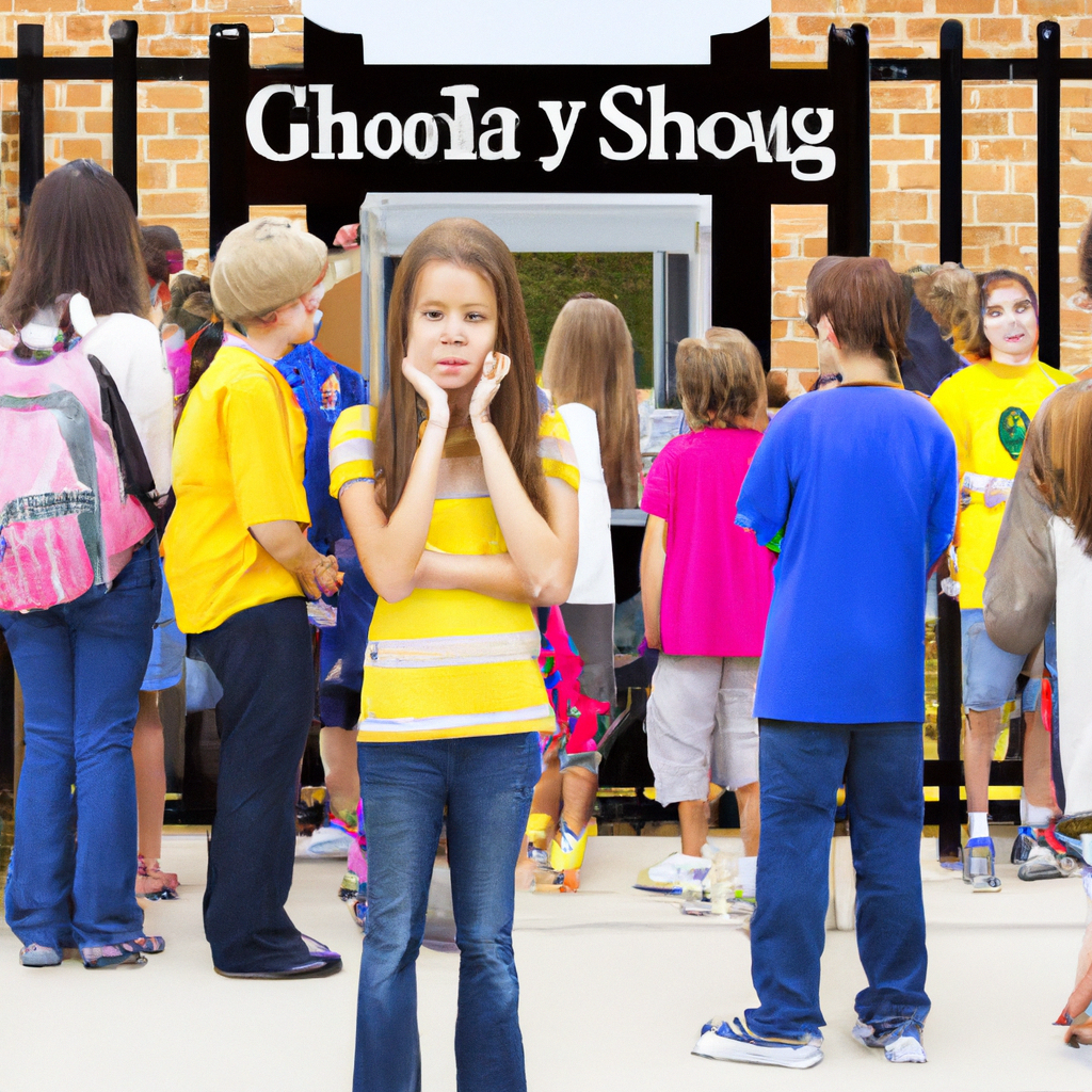 An image showcasing a young child standing hesitantly at a school gate, surrounded by a diverse group of children engaged in activities