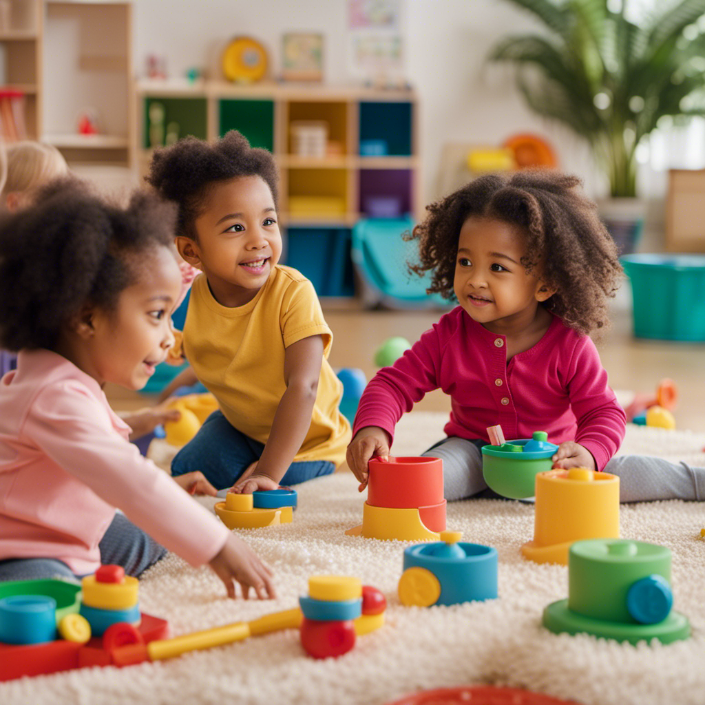 An image showcasing a diverse group of toddlers engaged in stimulating activities, guided by nurturing caregivers, fostering cognitive, social, and emotional growth
