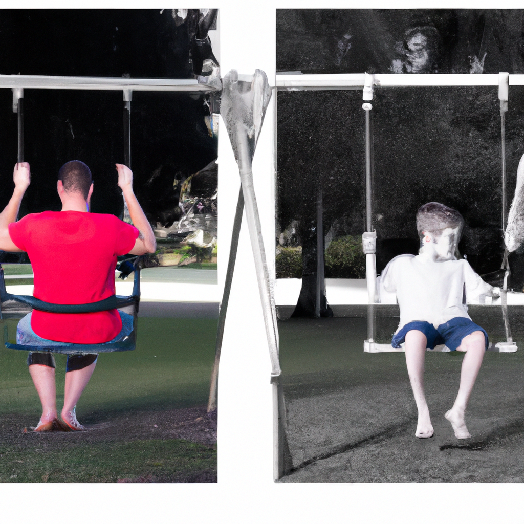An image showcasing a young child sitting alone on a swing, while their parents stand on opposite sides, their body language depicting tension and distance