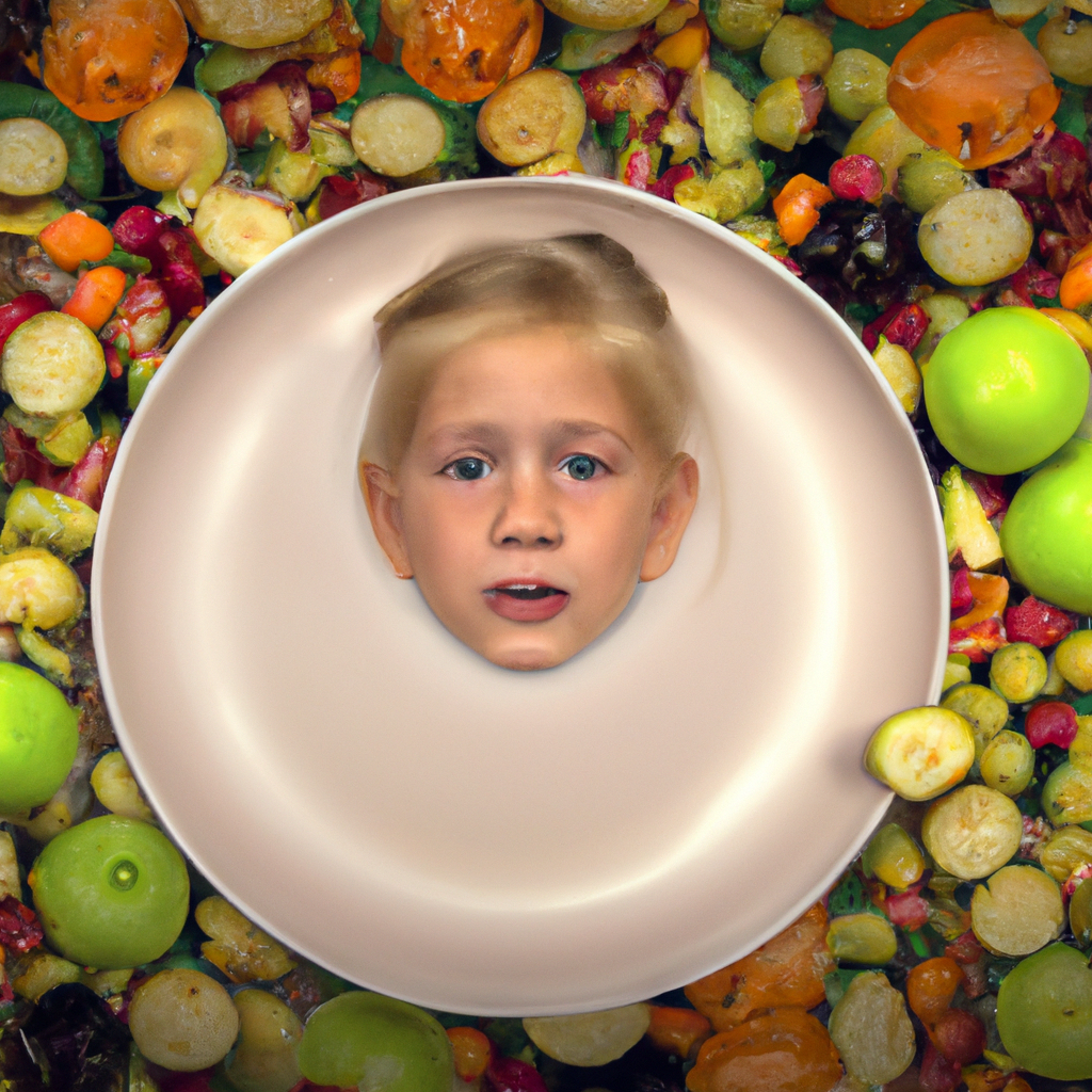 An image depicting a young child's empty plate surrounded by wilted fruits and vegetables, a faint reflection of despair in their eyes, symbolizing the detrimental impact of food insecurity on child development