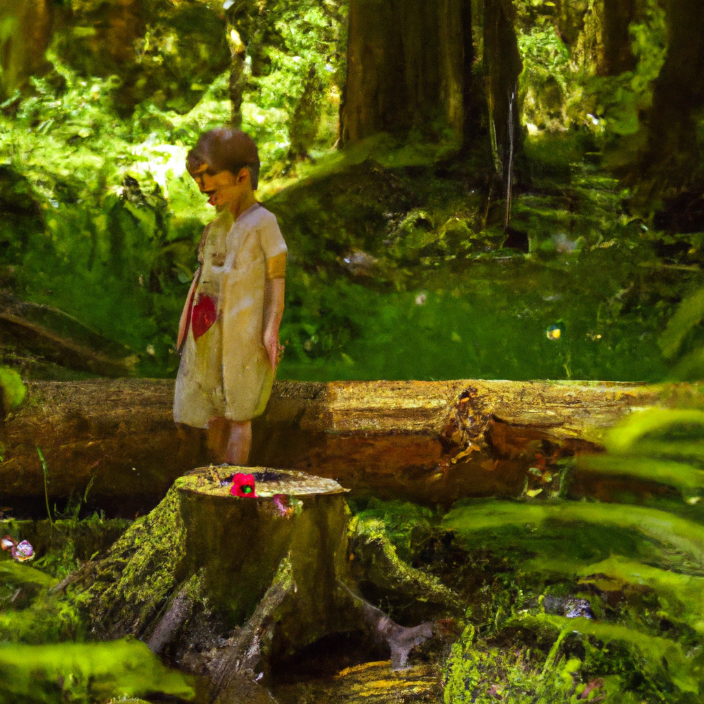 An image capturing a child joyfully exploring a lush forest, sunlight filtering through the canopy, as a gentle breeze rustles their hair, amidst vibrant flowers and a bubbling stream
