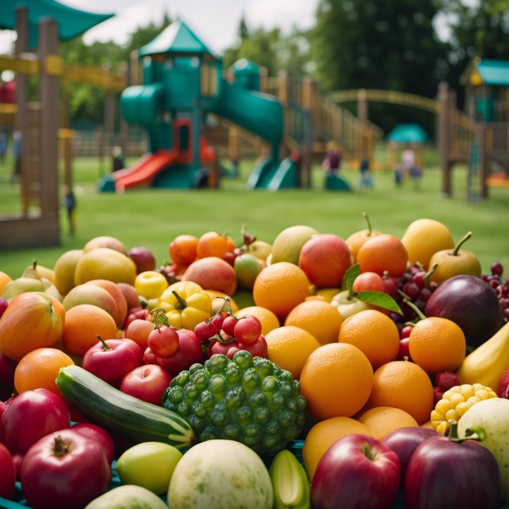 An image showcasing a vibrant playground filled with healthy, diverse fruits and vegetables as play equipment
