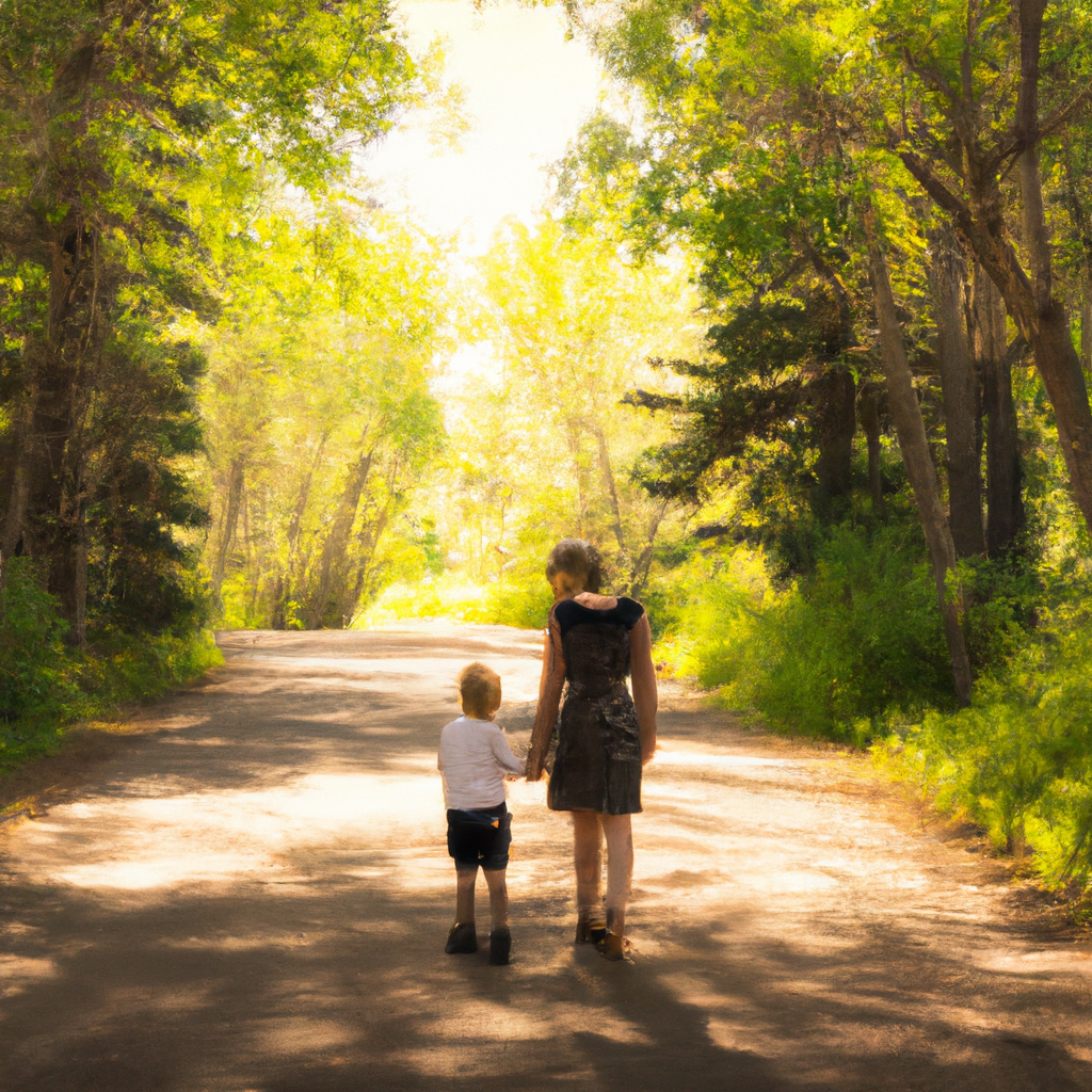 An image of a parent and child holding hands, standing on a winding path through a lush forest
