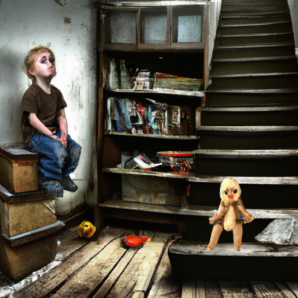 An image that depicts a young child sitting alone on a dilapidated staircase in a dimly lit room, surrounded by worn-out toys and empty shelves, symbolizing the impact of poverty on their cognitive and emotional development