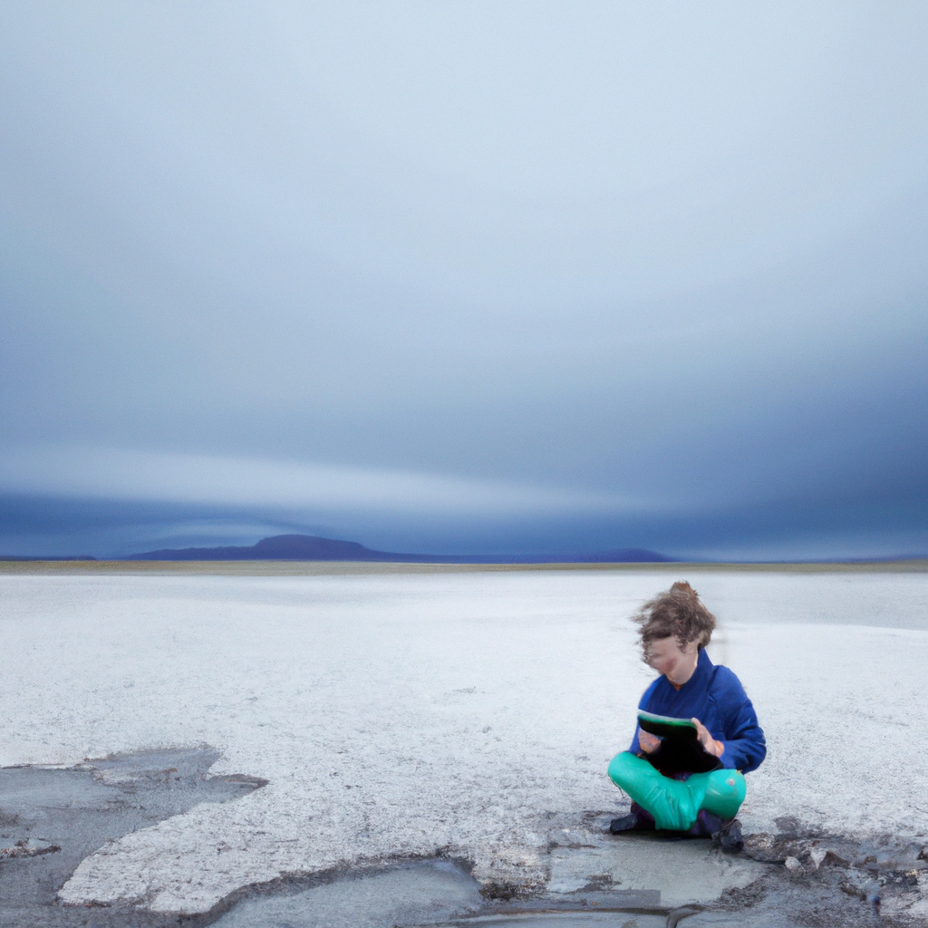 An image capturing a child engrossed in a digital device, surrounded by a barren landscape devoid of natural elements, emphasizing the potential negative impact of excessive screen time on their development