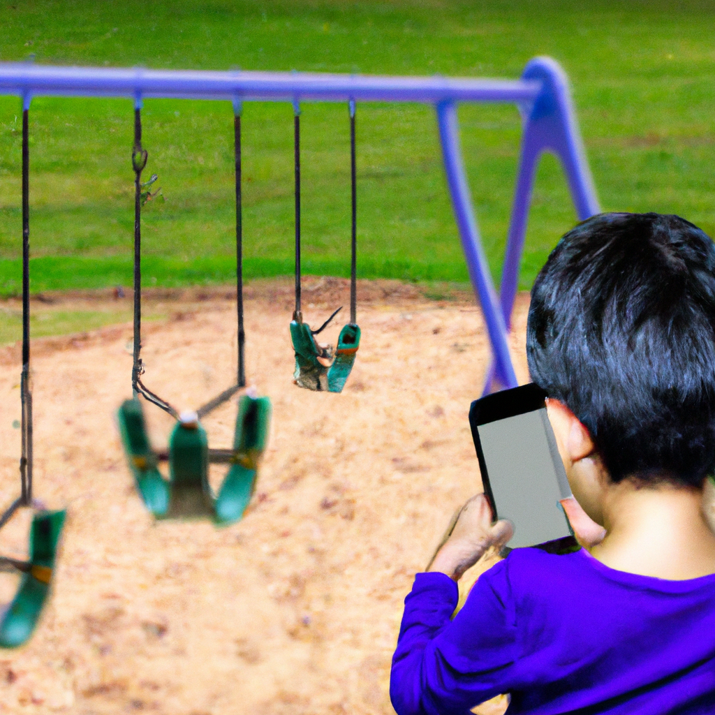 An image showcasing a young child engrossed in a smartphone while surrounded by empty swings, symbolizing the impact of social media on child development by highlighting the absence of physical play and social interaction