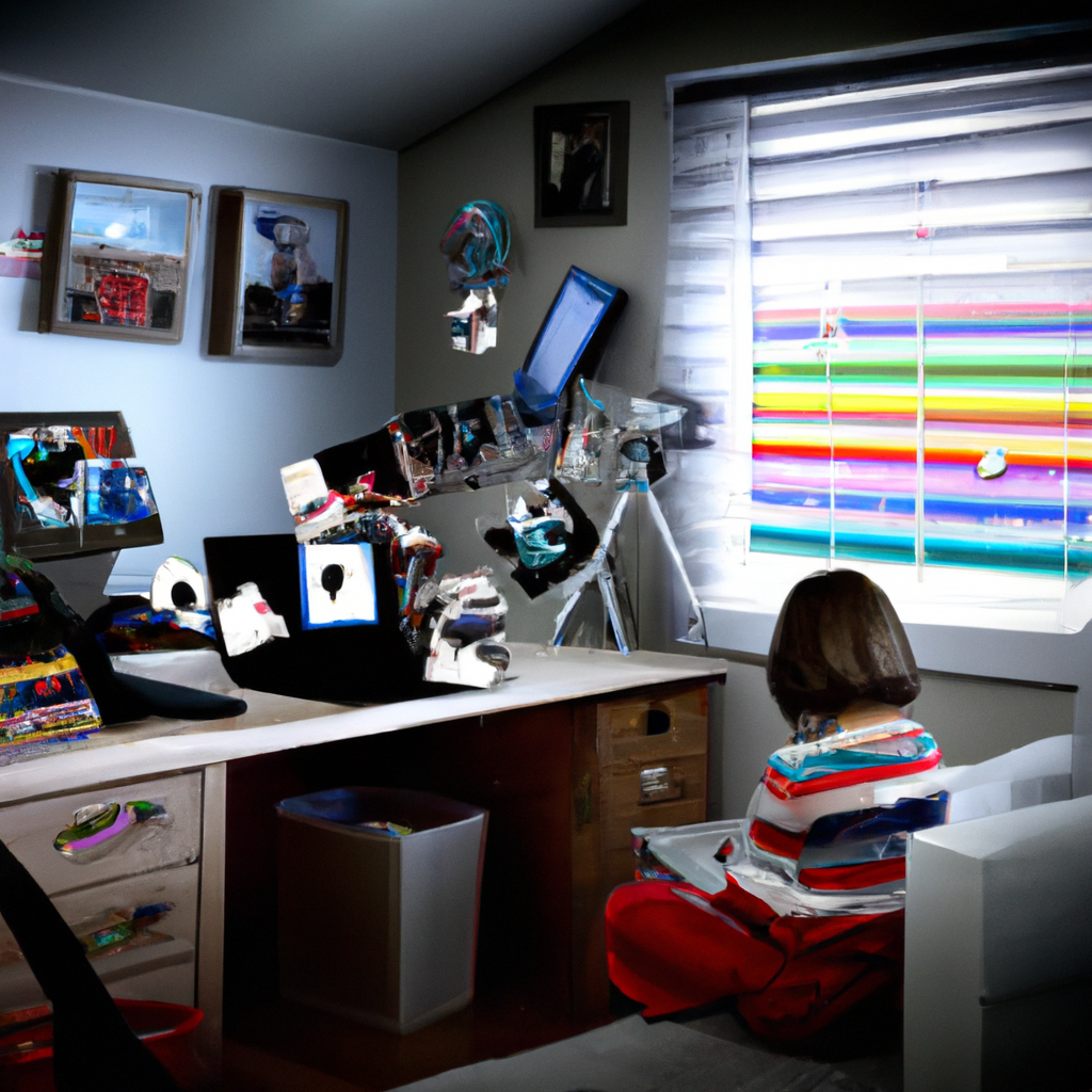 An image depicting a child sitting alone in a room, surrounded by various screens displaying flashing images, while their toys and books sit abandoned and untouched in the corner
